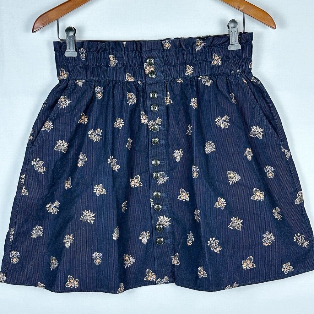 Madewell Mini Skirt *Women Sz S* Corduroy Navy Floral Elastic Waist Button Front